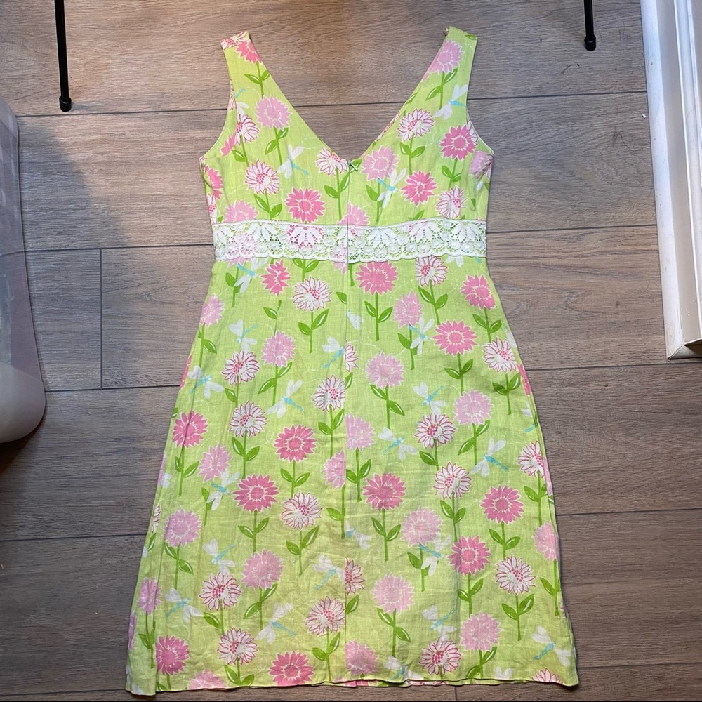 LILLY PULITZER vintage white tag green and pink floral v-neck linen dress 6 - Picture 8 of 10